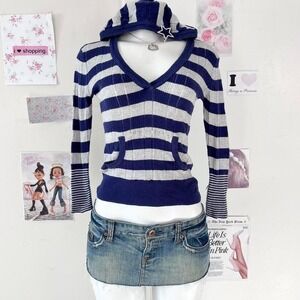 Striped V-Neck Hooded Knit Top Y2K